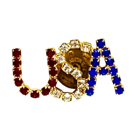 Vintage USA Brooch 1.25" American Patriotic Crystal Rhinestone Velvet Jewelry - Picture 2 of 5